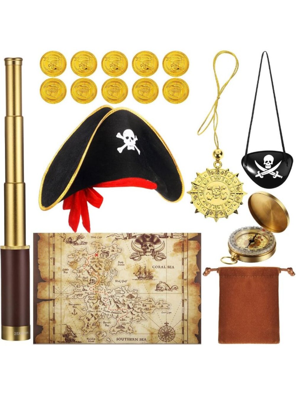 17-Piece Pirate Treasure Set: Monocular, Map, Eye Patch, Hat, Compass & Coins